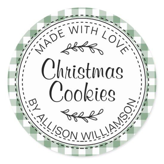 Rustic Homemade Christmas Cookies Green Check Classic Round Sticker