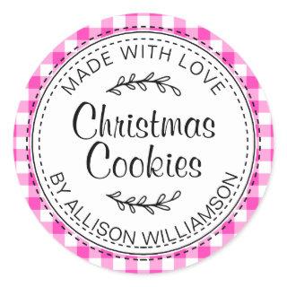 Rustic Homemade Christmas Cookies Neon Pink Check Classic Round Sticker