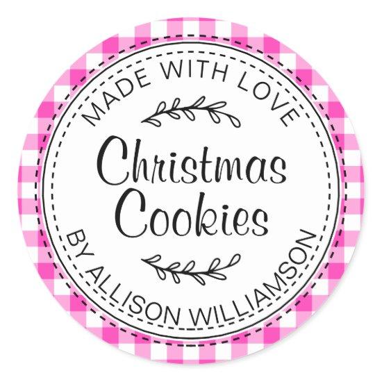 Rustic Homemade Christmas Cookies Neon Pink Check Classic Round Sticker