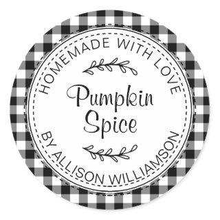 Rustic Homemade Pumpkin Spice Black White Check Classic Round Sticker