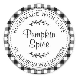 Rustic Homemade Pumpkin Spice Black White Check Classic Round Sticker