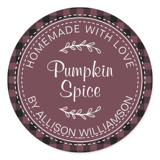 Rustic Homemade Pumpkin Spice Burgundy Check Class Classic Round Sticker