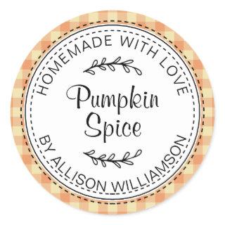 Rustic Homemade Pumpkin Spice Orange Yellow Check Classic Round Sticker