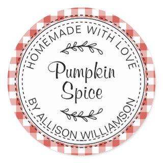 Rustic Homemade Pumpkin Spice Red Check Classic Round Sticker