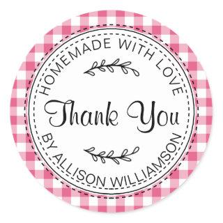 Rustic Homemade Thank You Hot Pink Check Pattern Classic Round Sticker