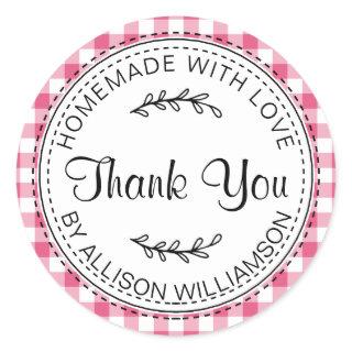 Rustic Homemade Thank You Hot Pink Check Pattern Classic Round Sticker