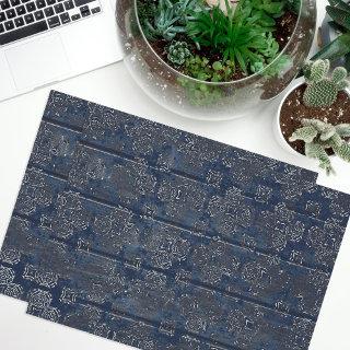 Rustic Indigo Blue Damask On Scratched Wood Tissue Paper