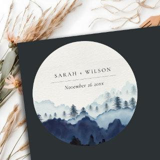 Rustic Ink Blue Navy Pine Woods Mountain Wedding Classic Round Sticker