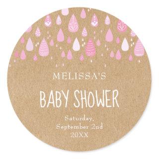 Rustic kraft baby pink raindrops baby shower classic round sticker