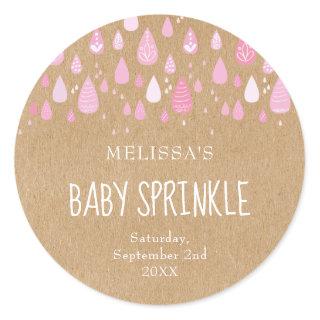 Rustic kraft baby pink raindrops baby sprinkle classic round sticker