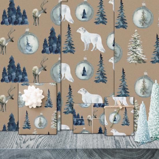 Rustic Kraft Blue Spruce Tree Arctic Fox Reindeer  Sheets