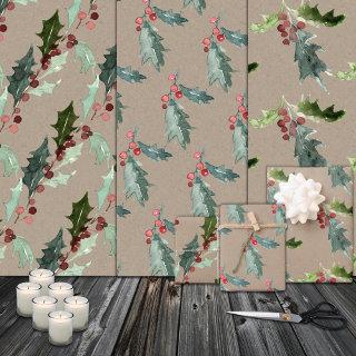 Rustic Kraft Christmas Floral Holly Red Berries  Sheets