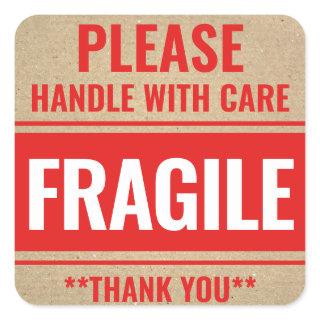 Rustic Kraft Fragile Handle With Care Warning Square Sticker