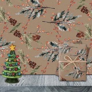 Rustic Kraft Mixed Spruce Pine Cones Red Berries  Sheets