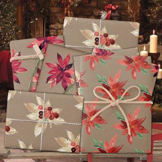 Rustic Kraft Red & White Foral Holiday Poinsettia   Sheets
