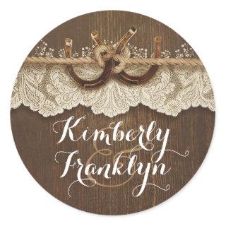 Rustic Lace Horseshoes Country Brown Wedding Classic Round Sticker