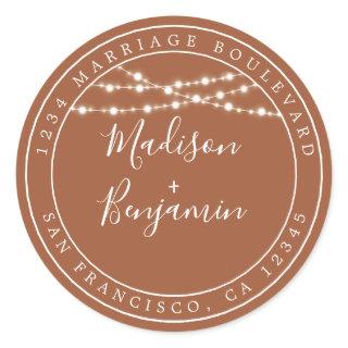 Rustic Lights TerraCotta Wedding Return Address Classic Round Sticker