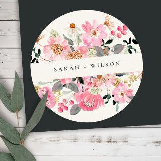 Rustic Lively Blush Pink Watercolor Floral Wedding Classic Round Sticker