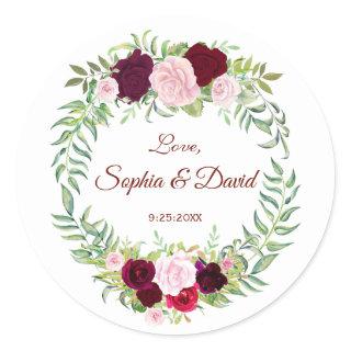 Rustic Marsala Floral Wreath Burgundy Wedding RSVP Classic Round Sticker