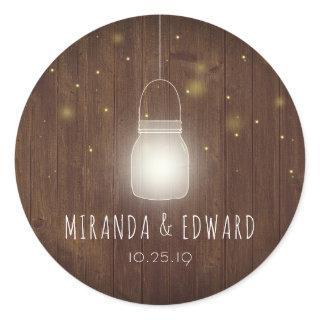 Rustic Mason Jar Fireflies Wedding Favor Classic Round Sticker
