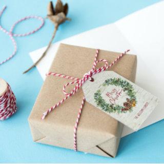 Rustic Merry Christmas Script Wreath Birch Bark Gift Tags