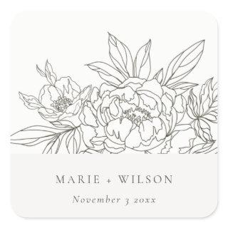 Rustic Minimal Elegant Brown Floral Sketch Wedding Square Sticker