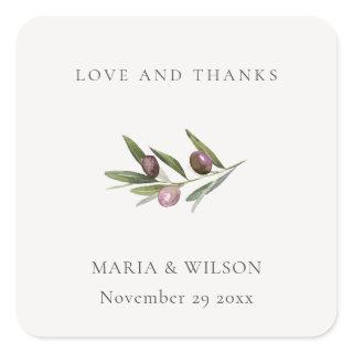 Rustic Minimal Olive Branch Foliage Wedding Thanks Square Sticker