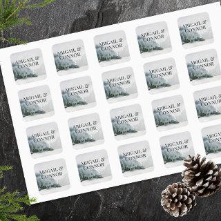 Rustic Misty Mountain Lake Watercolor Square Sticker