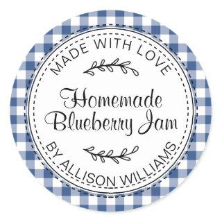 Rustic Modern Homemade Blueberry Jam Blue Check Classic Round Sticker