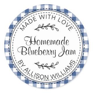 Rustic Modern Homemade Blueberry Jam Blue Check Classic Round Sticker