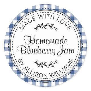 Rustic Modern Homemade Blueberry Jam Blue Check Classic Round Sticker