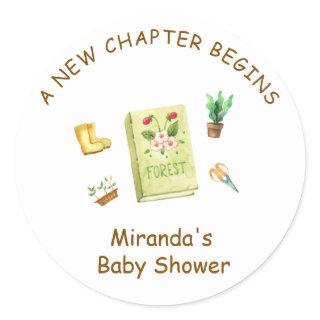 Rustic Modern New Chapter Garden Book Baby Shower  Classic Round Sticker
