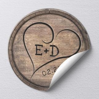 Rustic Monogram Heart Elegant Wooden Wedding Classic Round Sticker