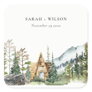 Rustic Mountain Pine Forest Wood Cabin Wedding Square Sticker