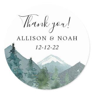 Rustic mountains outdoor theme forest woods favor classic round sticker