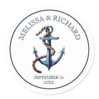 Rustic Navy Blue Anchor Wedding Classic Round Sticker
