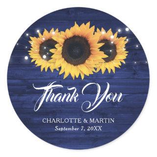 Rustic Navy Blue Sunflower Thank You Wedding Favor Classic Round Sticker