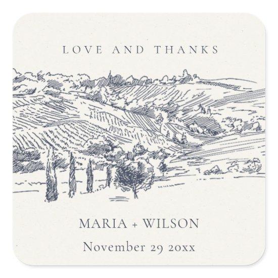 Rustic Navy Blue Winery Mountain Sketch Wedding Square Sticker