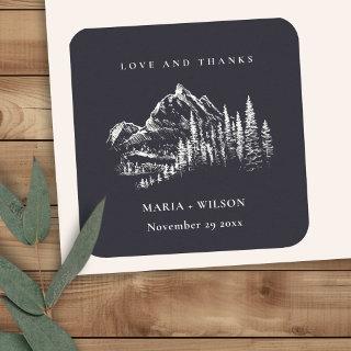 Rustic Navy Pine Woods Mountain Sketch Wedding Square Sticker