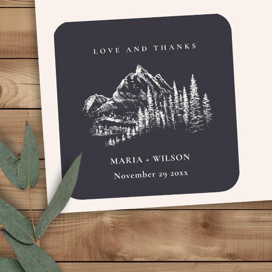 Rustic Navy Pine Woods Mountain Sketch Wedding Square Sticker