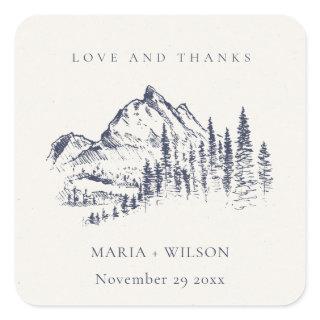 Rustic Navy Pine Woods Mountain Sketch Wedding Square Sticker