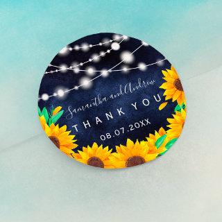 Rustic navy string lights sunflower Thank you Classic Round Sticker