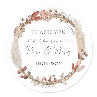 Rustic Pampas Grass Wreath New Mr Mrs Thank You Classic Round Sticker