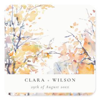 Rustic Pastel Yellow Autumn Fall Landscape Wedding Square Sticker