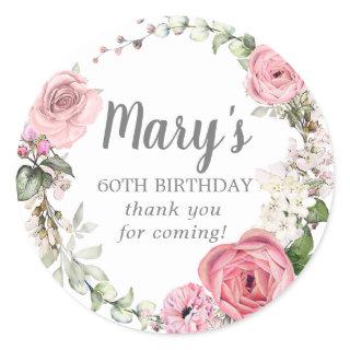 Rustic Pink Floral 60th Birthday Thank You  Classic Round Sticker