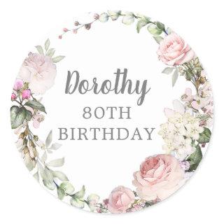 Rustic Pink Floral 80th Birthday Party Classic Round Sticker