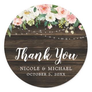 Rustic Pink Floral String Lights Wedding Thank You Classic Round Sticker