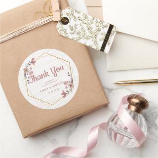 Rustic Pink Flowers Gold Border Thank You Wedding  Classic Round Sticker