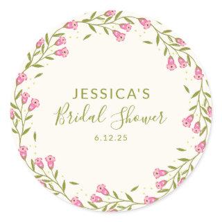 Rustic Pink Garden Flowers Custom Bridal Shower Classic Round Sticker