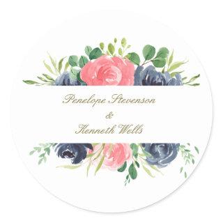 Rustic Pink Navy Rose Floral Frame Custom Wedding Classic Round Sticker